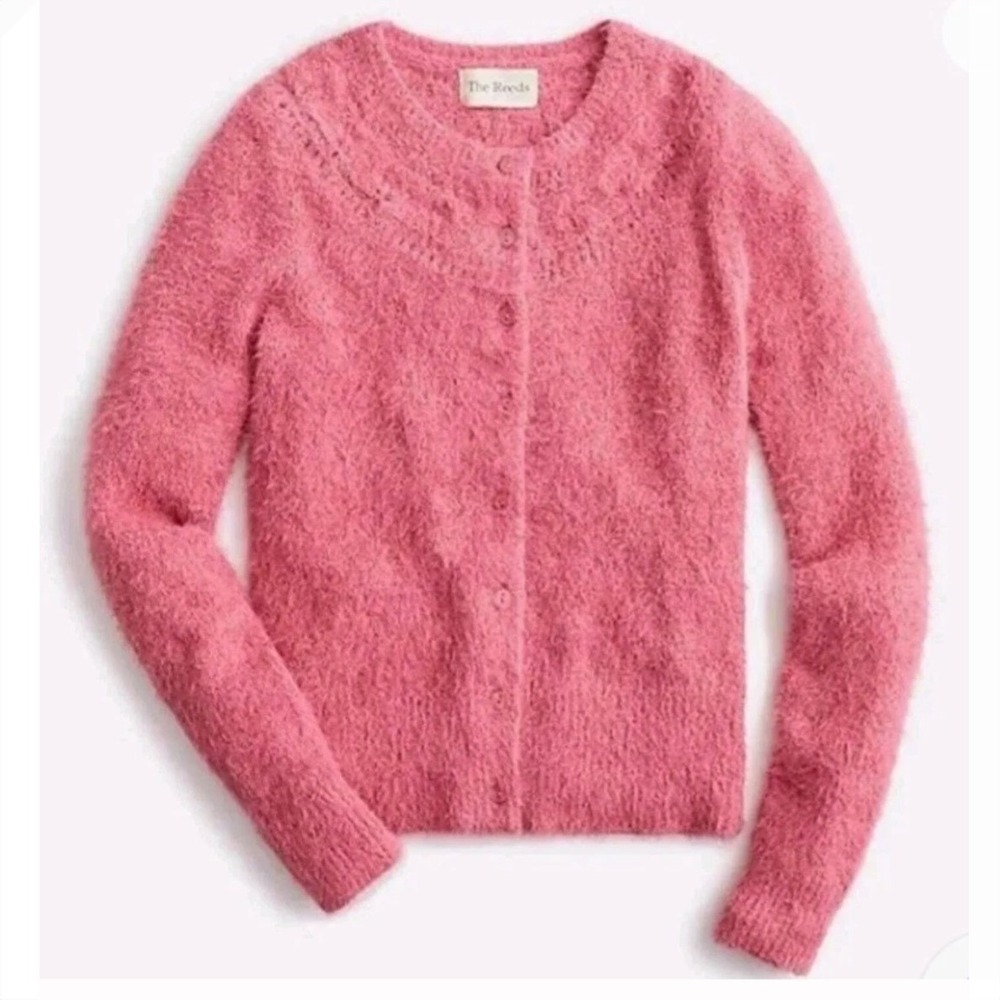 The Reeds Womens Pink Fuzzy Eyelash Knit Pointelle Cardigan Sweater Size‎ M Rose